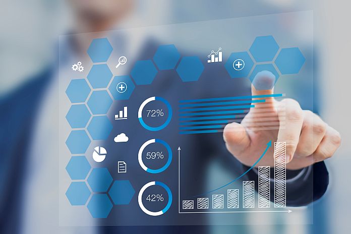 Businessman touching a dashboard with key performance indicators