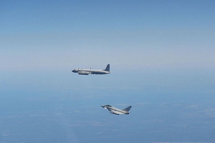 RAF TYPHOONS SCRAMBLED IN LITHUANIA TO INTERCEPT A RUSSIAN INTELLIGENCE GATHERING AIRCRAFT