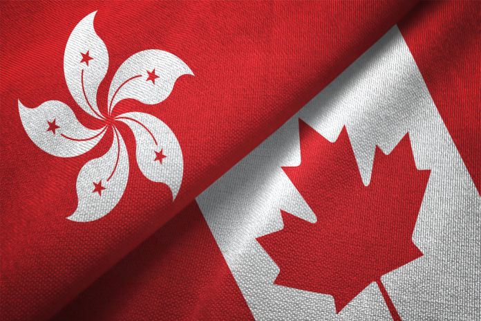 Hong Kong and Canada two flags textile cloth, fabric texture