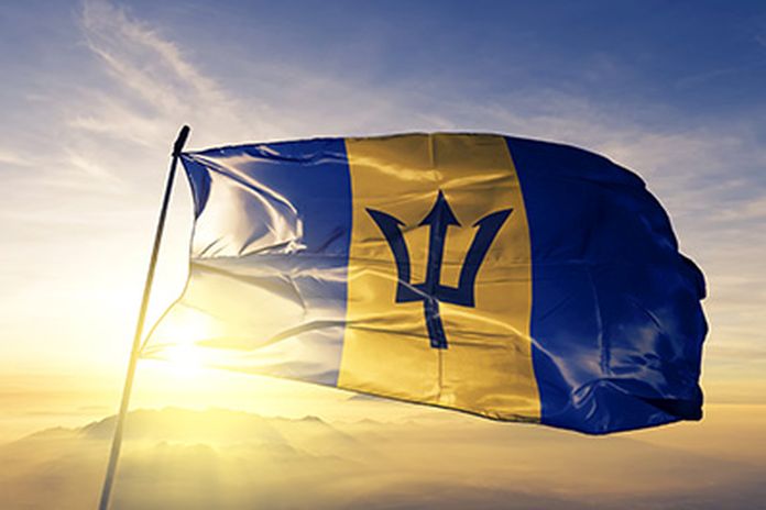 Barbados Barbadian flag textile cloth fabric waving on the top s