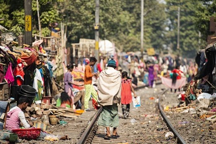 KOLKATA - INDIA - 21 JANUARY 2018. Daily life of poor people in a slum in Kolkata. In Kolkata there are over 70,000 people who are homeless and almost one-third of the total population live in slums.