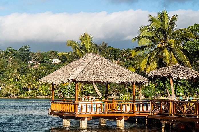 Tropical hut in the Port Vila lagoon in Vanuatu in the south Pacific