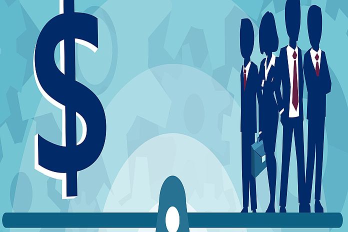 Vector of group of businesspeople human resources or money on the scale