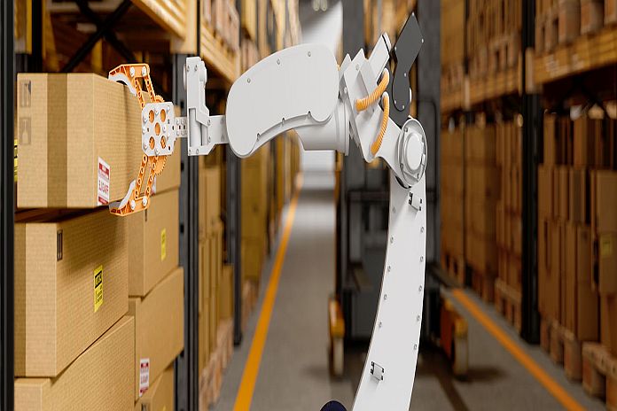 Robotic Arm Taking A Cardboard Box In The Warehouse