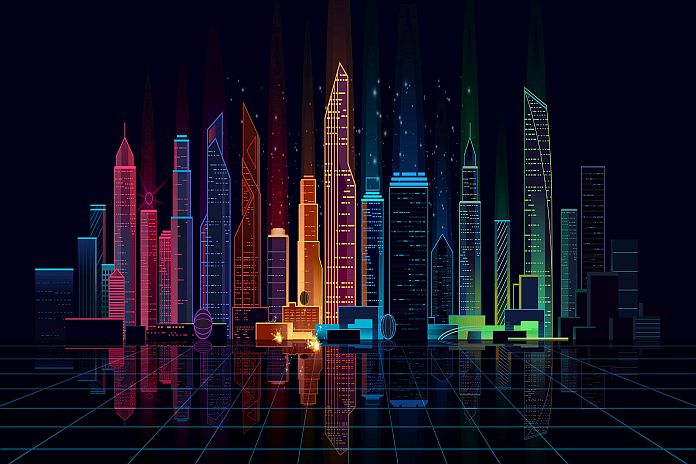Panoramic bright night city
