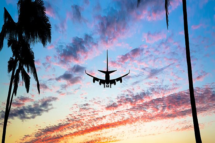 Sunset with silhouettes of palm trees on the sides of the photo and a flying airplane. Vacation, travel concept.