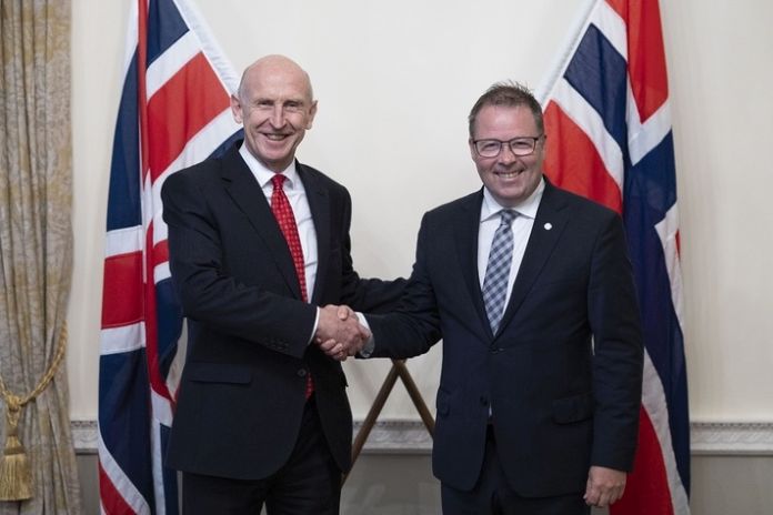 2024/08/06 London. The Defence Secretary John Healey meets the Minister of Defence of Norway Bjørn Arild Gram for a bi-lateral meeting in London.