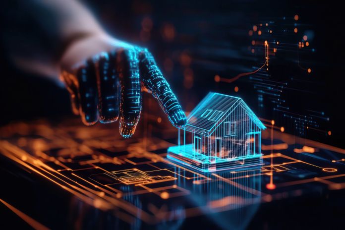 A digital representation of a house with a hand interacting, symbolizing technology in real estate and smart home innovation.